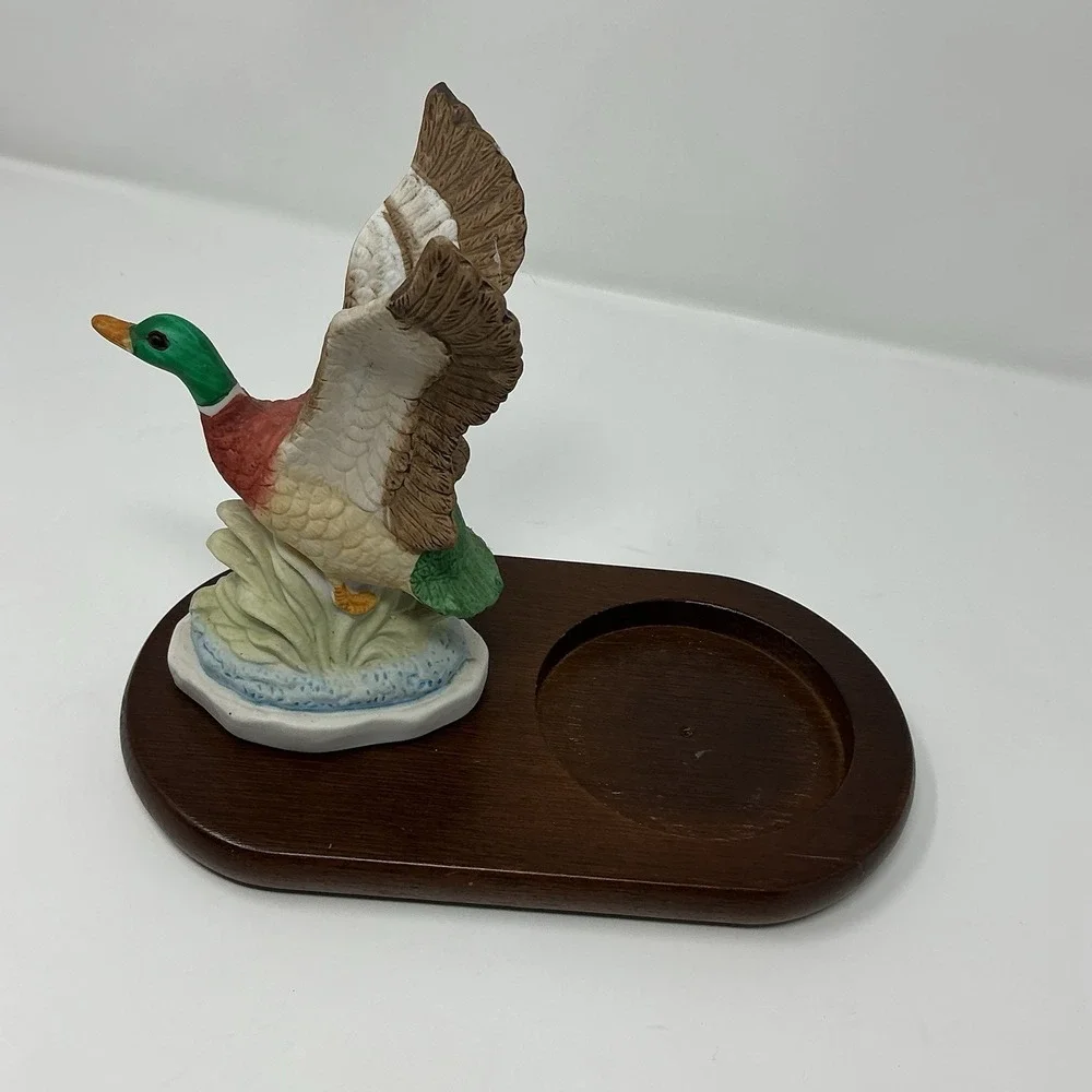 Vintage Mallard Duck Ceramic Figurine Wood Base Ashtray Holder Cabin Decor